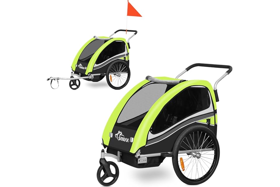 SAMAX Children Bike Trailer 2in1 Kids Jogger Stroller with Suspension 360° rotatable Childs Bicycle Trailer Transport Buggy Carrier for 2 Kids in Green - Black Edition