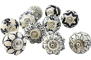 Ajuny Black and White Ceramic Knobs for Wardrobes, Kitchen Cupboards, Drawer Pulls, Indian, Hand-Painted, Set of 10