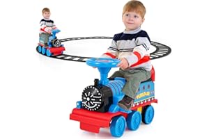 GOPLUS Kinder Elektro Zug, Kinderfahrzeug mit 16 STK. Schiene Set, 6V Kinder Aufsitz mit Licht, Musik, Zugpfeife & Stauraum, Elektro Kinderauto für Jungen & Mädchen ab 3 Jahren (Dunkelblau)