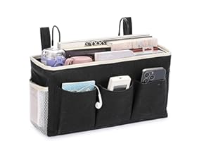 IGNPION Canvas Bedside Hanging Storage Pockets with Metal Hook Adjustable Tape Dormitory Bed Organiser Caddy Mulit-purpose Bag for Home Office School Hospital,Black (IGPUK0584)