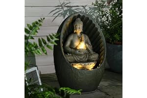 BUMILGAR Solar Buddha Springbrunnen mit LED-Lotus-Funktion für Zen-Meditation – Innen- und Außendekoration (Wohnbereich，Büro，Garten, Terrasse, Wohnzimmer) – 40x32.5x27cm Brown