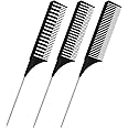 3-Piece Metal & Plastic Rat Tail Combs Set - Different Sizes, Foiling, Tail, Teasing & Weaving Combs for Men & Women's Hair Styling - Black