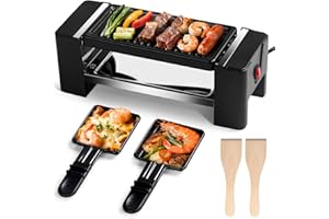 Hengbo Appareil a Raclette, Mini Grill pour 1 à 2 personnes, avec 2 Poêlons et 2 Spatules, Douces pour Les Surfaces Antiadhesives, et Facile a Nettoyer, 350W, Noir