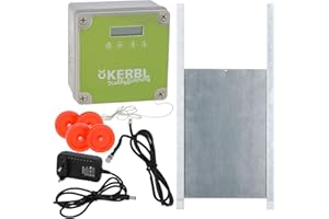 Cajou Automatische elektrische Hühnerklappe inkl. Alu-Hühnertür, Lichtsensor und Zeitsteuerung, Netzbetrieb oder Batterie, Schieber 22 x 33 cm, für Huhn, Grün / Silber