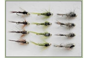 TROUTFLIES GOLDHEAD NYMPHS Gold Head Nymphe Forellenfliegen, Hasenohr, Fasanenschwanz und Oliven, 10/12, 12 Stück