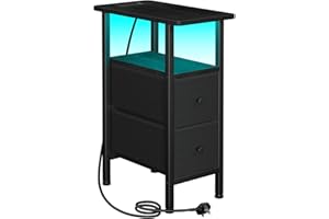 AMHANCIBLE Slim Bedside Table with Charging Station, Narrow Side Table with LED Lights, Small End Table with 2 Fabric Drawers, Nightstand for Small Spaces, Living Room, Bedroom, Black HETNDP02LBK-1