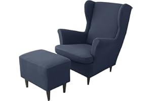 JHLD Stretch Husse für Ohrensessel Mit Ottomane Schonbezug, 2 Stück Husse für Ohrensessel Jacquard Ohrensessel Schonbezug Hockerbezug Für Hunde Katzen -Navy blau-3 Stück