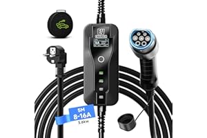 AFYEEV Cargador EV Tipo 2 Portátil, 3.6kW Cargador Coche Electrico, EV Cargador Tipo 2, Corriente Conmutable 8/10/13/16A, Pantalla Digital Controlable, 5M con Bolsa (IEC 62196-2)