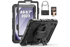 SEYMAC Coque pour Samsung Galaxy Tab A9 8,7 Pouces 2023, Coque Antichoc pour Galaxy Tab A9 avec Protecteur D'écran, Support Rotatif à 360°/Dragonne, Bandoulière, Porte-Stylo SM-X110/X115/X117, Noir