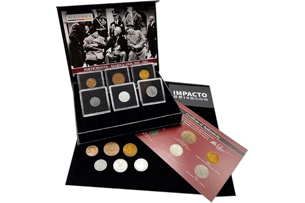 Pièces de collection authentiques dans un étui - Seconde Guerre mondiale - Collection des Alliés et de l'Axe - Pièces anciennes contrôlées par des experts - Certificat d'authenticité inclus