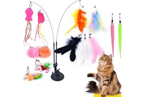 ACETEND Cat Toys,13 PCS Interactive Cat Feather Toys for Indoor with Bells, Sticky Super Suction Cup,2 Feather Wands for Chase, Jump & Play Tools for Kittens & Adult Cats