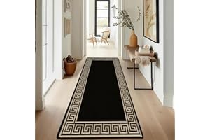 renoazul® Hallway Runner Rug - Non Slip Carpet Runner for Kitchen, Hall and Entrance - Washable Anti Fatigue Mat 66 x 220 cm - Greeky - Black and Beige Rug