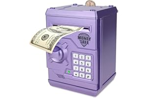 Qwifyu Piggy Bank for Boys Girls, Kids Safe Money Bank for 4 5 6 7 8 9 10 Year Old Girl Boy Birthday Gift,Electronic Password Money Saving Box ATM Safe Bank Toys for Kids (Purple)