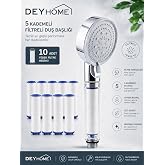 DEYHOME Filtreli Duş Başlığı, 5 Kademeli Su Akışlı, Y&uuml;ksek Basın&ccedil;lı, Kire&ccedil; &Ouml;nleyici, Beyaz-Krom, El Duşu (2'li Set)