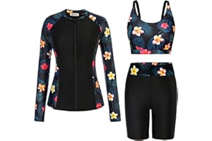 GRACE KARIN Femmes Ensemble Maillot de Bain 3 Pièces Haut Manches Longues Zippé Short Taille Haute