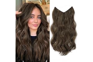 MORICHY One piece Invisible Wire Hair Extensions Clip in Natural Wavy Synthetic Hair Extension with Transparent Wire Adjustable Size Long Curly Secret Hair Pieces for Women（16inch, Chestnut Brown）