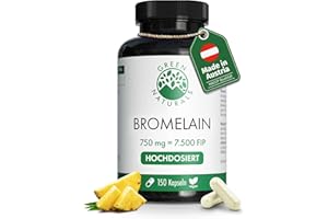 ‎GREEN NATURALS Bromelain – Hochdosiert: 7.500 F.I.P (750 mg) aus natürlichem Ananas-Extrakt – magensaftresistente Kapseln – 150 Kapseln (5 Monate) – Vegan & laborgeprüft – Green Naturals®