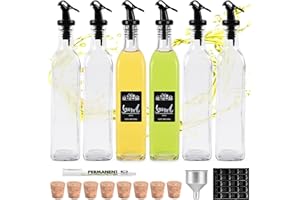 FNLLC Bouteille d'huile 6 pièces,bouteille en verre 500ml,bouteilles de vinaigre et d'huile,verre de qualité alimentaire sans plomb avec étiquette,bouchon verseur d'huile,pour liqueurs et vinaigres
