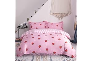 Morbuy Double Duvet Cover Set Girls Strawberry Bedding Set 3PCS, Soft Comfy Microfiber Fruit Geometry Reversible Duvet Cover with 2 Pillow Cases (Double-200x200CM, Foundation strawberry)