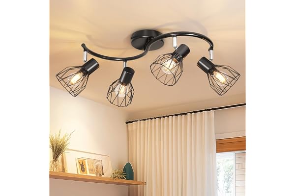 Kimjo Luminaire Plafonnier Led Orientable 4 Spot Noir - Plafonnier Industriel Luminaire E14 Spots de Plafond - Rampe de Spots Applique Murale Chambre Sans Ampoule pour Cuisine, Salon, Couloir