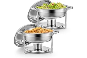 Wilprep 2er Set Rund Chafing Dish Set 5L Speisenwärmer Edelstahl Buffet Wärmebehälter Suppenwärmer Bain Marie Speisen Warmhaltebehälter für Restaurants, Buffets, Schulen