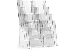 taymar 4C230 Tisch-Prospektständer, Prospektaufsteller im DIN A4 Format (4 Fächer) auf 4 Etagen inkl. Fach-Teilern für eine optionale Umrüstung auf DIN Lang (DL) - trifold mit 8 Fächern – Transparent