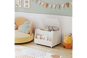 HOCSOK Baul Juguetes, Taburete de Almacenamiento Banco con Librería, Baúles de Madera para Almacenar Juguetes con 4 Ruedas de Movimiento, Blanco 62x 48 x 46cm