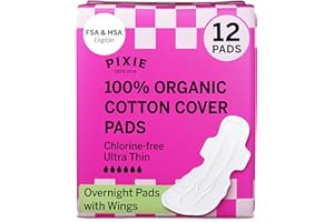 PIXIE CUP Pixie Compresas Nocturnas de Algodón Orgánico para Mujer – Extra Absorción con Alas – Antifugas, Hipoalergénicas y Sin Perfume – Compostables, Biodegradables – 12 Unidades