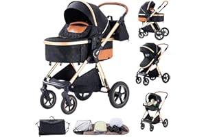 BEBBY Kombikinderwagen 3 in 1 Reisesysteme Standardkinderwagen Kinderwagen Buggy Neugeborener Tragbarer Reisewagen Faltbarer Aluminium Kinderwagen High Landscape Kinderwagen (Blackgold-6)