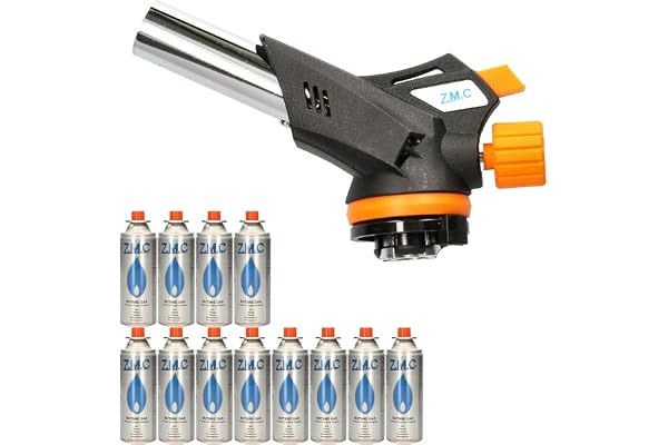 Z.M.C Gasbrännare 1,3 kW + 12 gaspatroner 227 g - justerbar flambrännare, bunsen med piezoelektrisk tändning, för kök