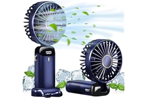 AMFUN Przenośny wentylator ręczny, osobisty wentylator ładowany przez USB, 4800 mAh, składany mini wentylator biurkowy 90°, z cyfrowym wyświetlaczem LED, 5 prędkości, wielofunkcyjny wentylator do