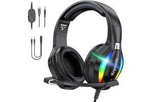 Krysenix PG1 RGB Gaming Headset für PS4, PS5, PC, Xbox,Switch, Kabel Gaming Kopfhörer mit LED Licht, Over Ear Computer Headset mit Noise Cancelling Mikrofon und 3,5 mm Klinke,Tief schwarz
