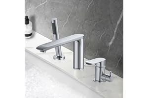 PHASAT Robinet Baignoire 3 Trous,Robinet de baignoire avec douchette et tuyau,Mélangeur en laitonpour Salle de Bain Chaude et Froide Réglable,Chromé