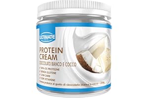 Ultimate Italia - Crema proteica al 30% spalmabile, senza zuccheri - 250g - gusto cioccolato bianco e cocco - poche calorie, senza glutine, con vitamine