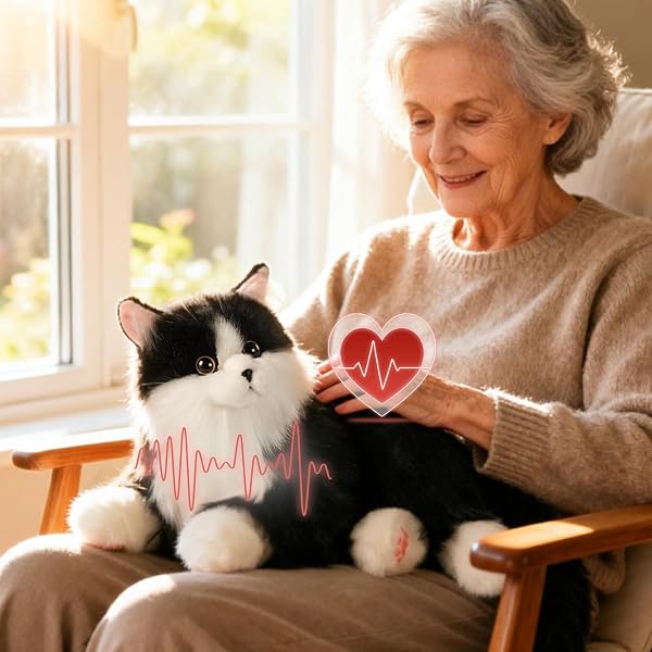 Chongker Roboterkatze | Interaktiver Elektronische Katze, Beschwertes Kuscheltier mit Geräuschreaktion | Realistischer Herzschlag & Schnurren | Lebensechter Plüschfreund zum Kuscheln (Schwarz) - 1