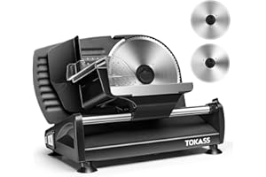 TOKASS Elektrischer Allesschneider Edelstahl - Verstellbare Küchenmaschine 0 bis 15mm - 2 Klingen - Wurstschneidemaschine - Brotschneidemaschine, Schinkenschneider,Fleisch