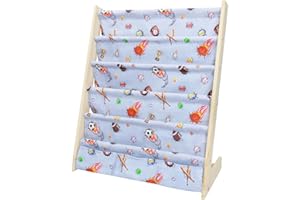 wooshwa Madera Libreria Infantil,Estanteria Libros Infantil con 5 Estanterías, Organizador de Juguetesde 3 Bolsillos con Mangas Profundas, 63 * 30 * 73cm (Balones Deportivos)