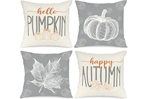 Benjia Szare poszewki na poduszki, jesienne, 45 x 45 cm, zestaw 4 szt., liść klonu, dynia, dekoracyjne, wakacje, 45 x 18 cm, jesienne poszewki na poduszki, na Święto Dziękczynienia, do wewnątrz, do