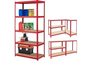 FEIDAK 150 x 70 x 30 cm 5-Tier Garage Shelving Unit – Metal Racking, Steel & MDF Boltless Shelves Metal Shelving Unit Heavy Duty 175kg Capacity Per Shelf, Red