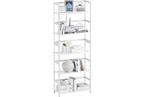 vovala 5-Tier Bookshelf, Industrial Bookcase with Bamboo Frame, Modern Display Standing Shelf Unit, Tall Wood Storage Organizer for Living Room, Home Office, White