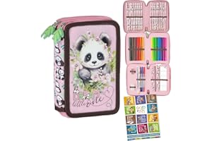 Goldkids - Federmäppchen 3 Fächer - Mäppchen für Mädchen und Jungen - Federmappe 3-Fach Federtasche Gefüllte Schüleretui Schulmäppchen und Hausaufgabenheft - Panda Motiv