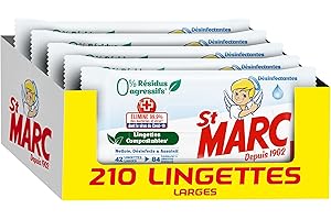 St marc Lingettes nettoyantes Désinfectantes 0% Résidus Agressifs, Compostable - 42 lingettes antibactérien larges en Lot de 5 (Total 210 lingettes)