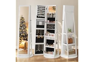 Dripex White Jewelry Organiser Mirror Wardrobe, 360° Swivel Jewelry Storage, Lockable, 3 in 1 Free Standing Mirror with Storage Shelves