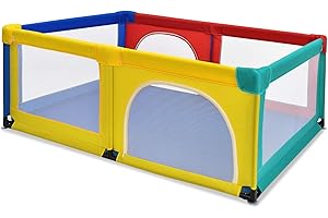 GYMAX Baby Playpen, Mesh Fabric Kids Safety Playard with Door and Ocean Balls, Indoor Outdoor Children Activity Center Fence (190 x 120 x 70 cm, Colorful)