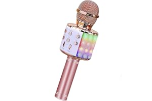 ShinePick Karaoke Wireless Microphone, Recording & Singing Microphone for Kids, 5 Different Voice Changers, Dancing LED Lights, Bluetooth Portable Karaoke Machine Child Toy for Phone/Pad/TV (Pink)