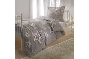 ‎G BETTWARENSHOP G Bettwarenshop Biber Bettwäsche Sterne Taupe 1 Bettbezug 155 x 220 cm + 1 Kissenbezug 80 x 80 cm
