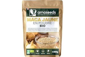 AMOSEEDS Maca Jaune en Poudre BIO 200G | 100% racine de Maca du Pérou | Fertilité, Tonus, Énergie mentale | Qualité Supérieure (200g)