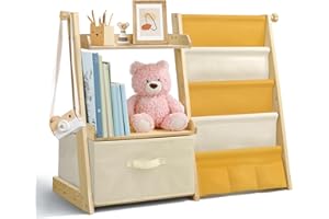 wooshwa Estanteria Libros Infantil, Libreria Estanteria Montessori Infantil, Estantería de Juguetes con 4 Estanterías, 2 estantes de exposición y 1 Caja de Almacenamiento - Amarillo