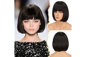 ‎BARSDAR BARSDAR Bob Perücke mit Pony, 30cm Kurze Braun Perücke für Damen Natürlich Aussehend Synthetische Gerade Bob Haar Perücken Hitzebeständige Tägliche Party (Dunkel Braun)