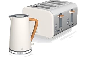 Swan Nordic Cotton White Kitchen Set with 1.7 Litre Kettle and 4 Slice Toaster, Wood Effect and Soft Touch Matte Finish, Stainless Steel, STP2091WHTN
